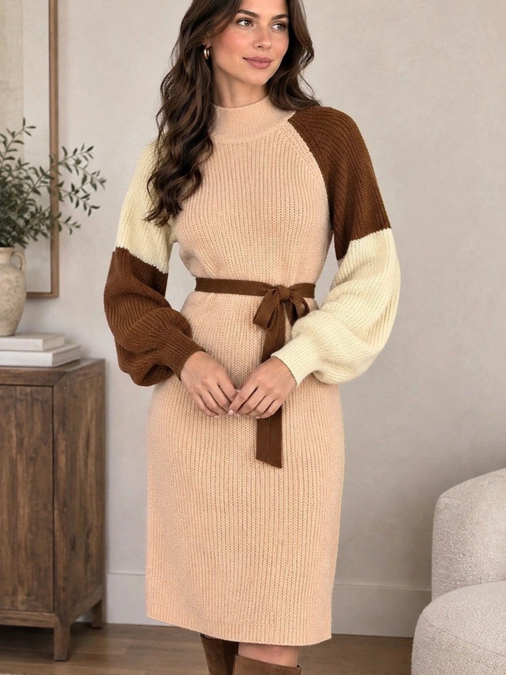 Cupshe Colorblock Belted Mock Neck Sweater Dress Brown & Cream
